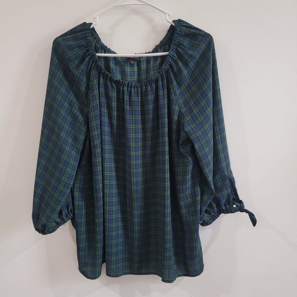 Talbots Womens Top Size X Petite‎ Green Blue Plaid Peasant Holiday